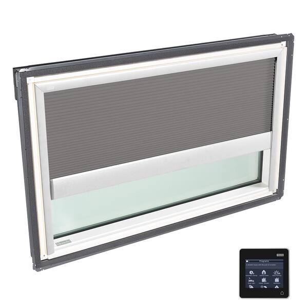 VELUX 44-1/4 in. x 26-7/8 in. Fixed Deck-Mount Skylight with Tempered Low-E3 Glass and Grey Solar Powered Room Darkening Blind