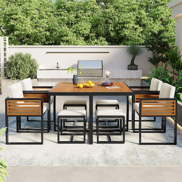 Oyezvary 9-Piece Gray Acacia Wood Outdoor Dining Set with 4 Beige Cushions, 1 Square Table and 8 Ottomans