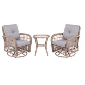 3-Piece Wicker Outdoor Bistro Rattan Patio Chairs Set 2 Rattan Rocker Chairs and Glass Coffee Table with Gray Cushion