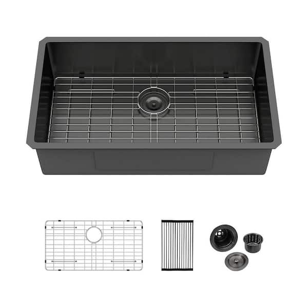 33 in. Black Undermount Sink Single Bowl 16-Gauge Stainless Steel Kitchen Sink with Nano Coating