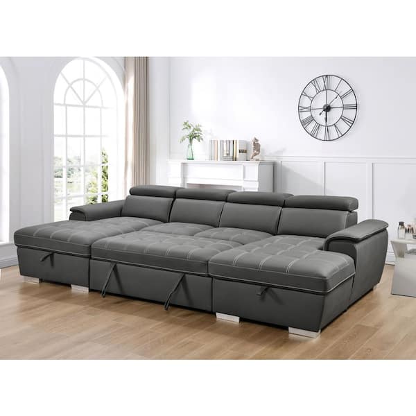 Bria Oversized 121 in. Faux Leather Convertible Sleeper U-Shaped Sectional Sofa Bed in Charcoal Grey with Storage Chaise