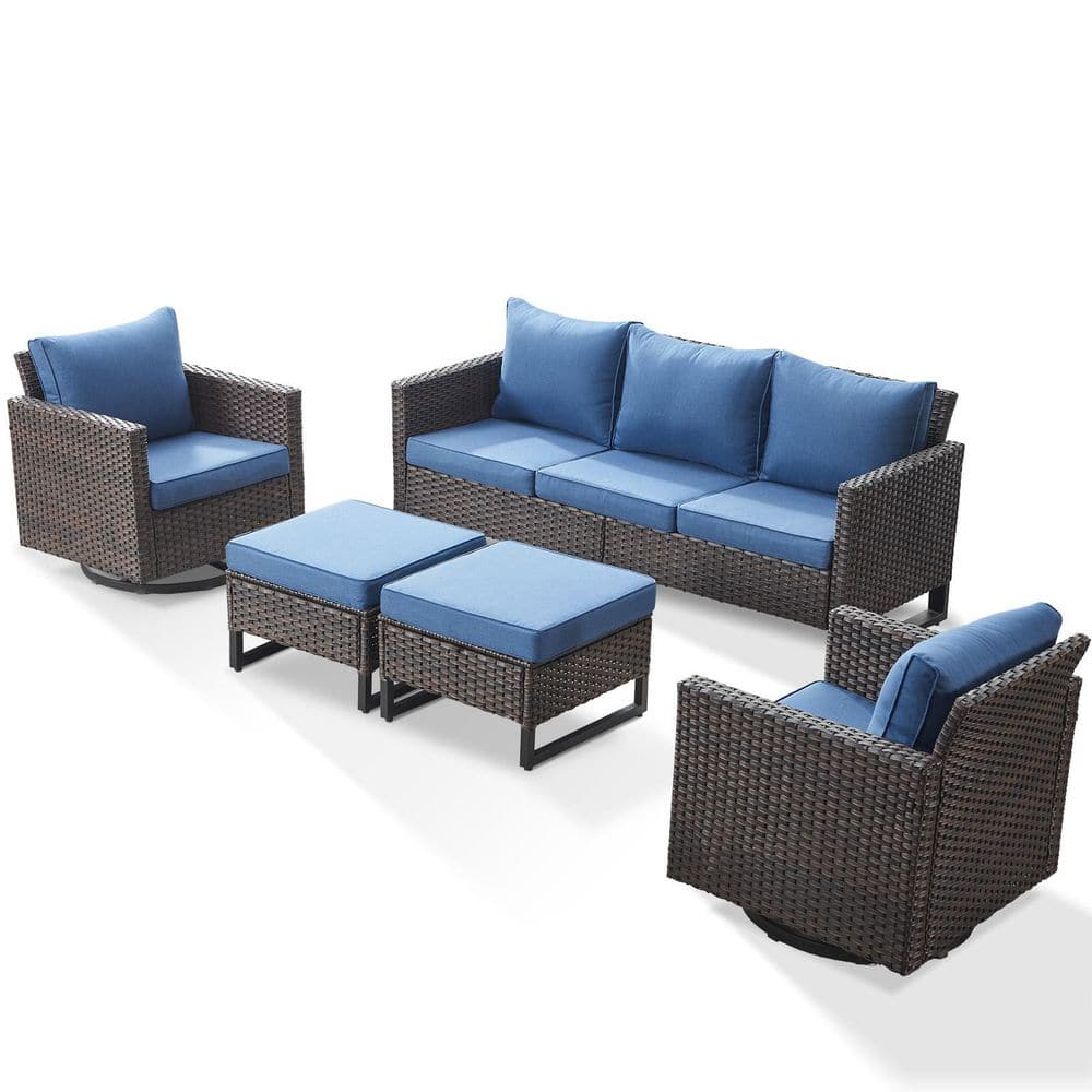 Carlos Blue 5-Piece All-Weather Brown Wicker Outdoor Sectional Set with 3-Seat Sofa and Ottomans price history on PriceWatchPro