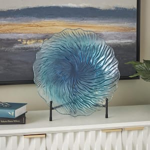 Blue Glass Ombre Decorative Plate Charger with Wavy Edge and Starburst Design