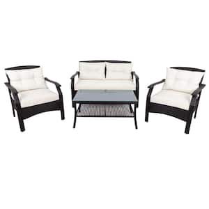 4-Piece Patio Furniture Outdoor Rattan Conversation Set Sectional Sofa Set with Glass Table for Backyard, Beige Cushion