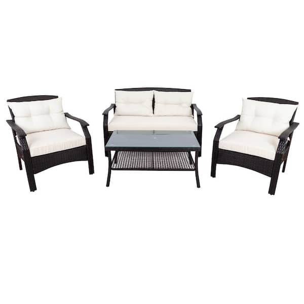 URTR 4-Piece Patio Furniture Outdoor Rattan Conversation Set Sectional Sofa Set with Glass Table for Backyard, Beige Cushion