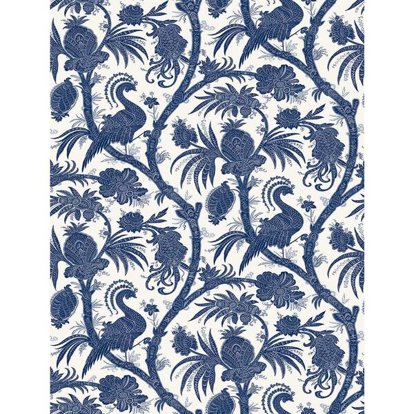 Scalamandre Indigo Balinese Peacock Self Adhesive Wallpaper Sample, White