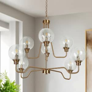 Modern 8-Light Brass Sputnik Island Chandelier with Globe Cracked Glass Shade for Living Room, 37.4 in. W Large Pendant