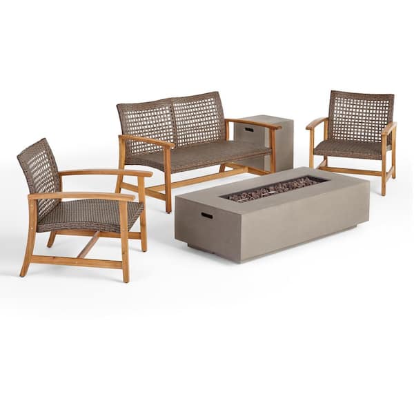Augusta Natural and Light Grey 5-Piece Wood Outdoor Patio Fire Pit Seating Set