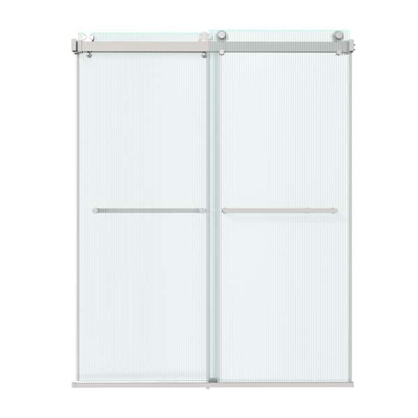 60 in. W x 76 in. H Framless Double Sliding Shower Door in Brushed Nickel with 3/8 in. (10mm) Fluted Glass