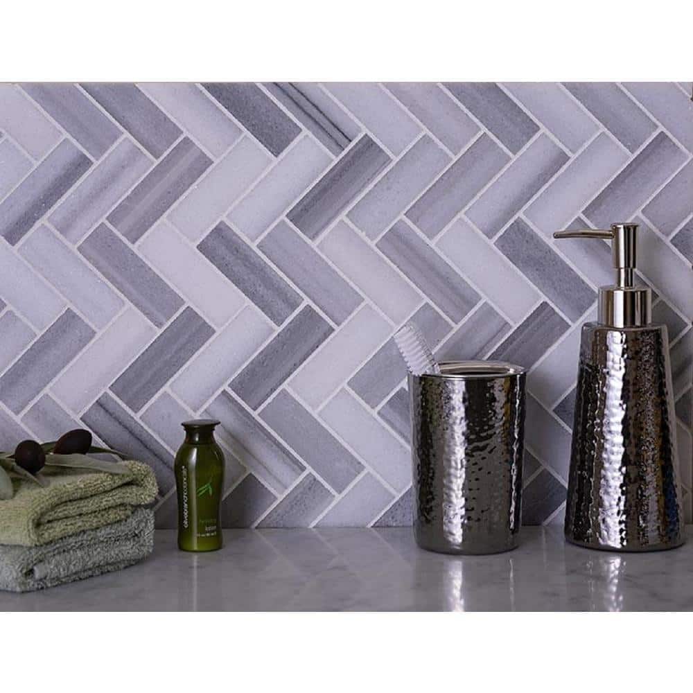 Gray Herringbone Polished Marble Mosaic Tile 12.8 x 11.9 in
