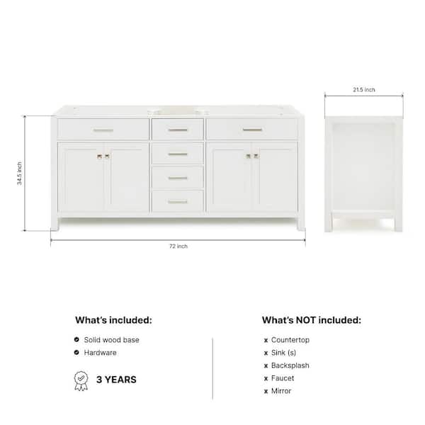Bristol 72 in. W x 21.5 in. D x 34.5 in. H Double Freestanding Bath Vanity Cabinet without Top in White