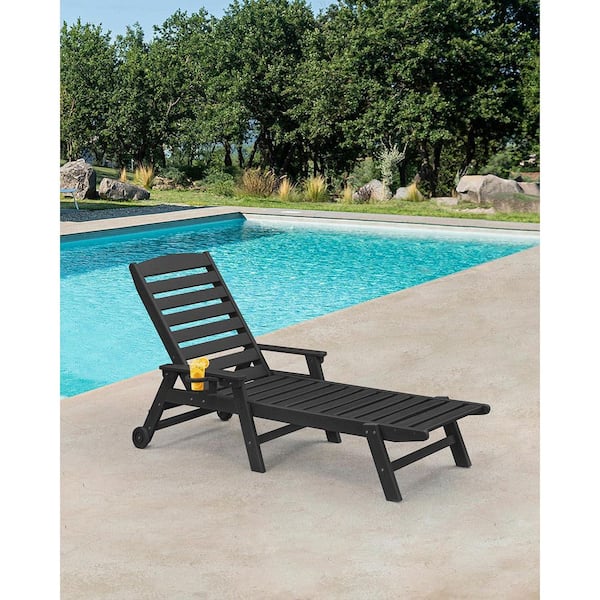 Black HDPE Patio Chaise Lounge Chair Outdoor Chair Adjustable Outdoor Lounger with Wheels and Cup Holder