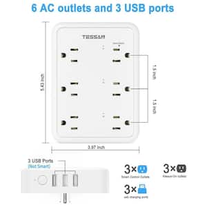 1 in. White Smart Power Strip Lamp Socket Extender Holder Outlet WiFi Wall Surge Protector with 6 Multi Outlet 3 USB
