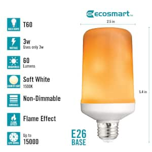 3-Watt Equivalent T60 Cylinder Flame Effect Design E26 Medium Base LED Light Bulb Amber (1-Pack)