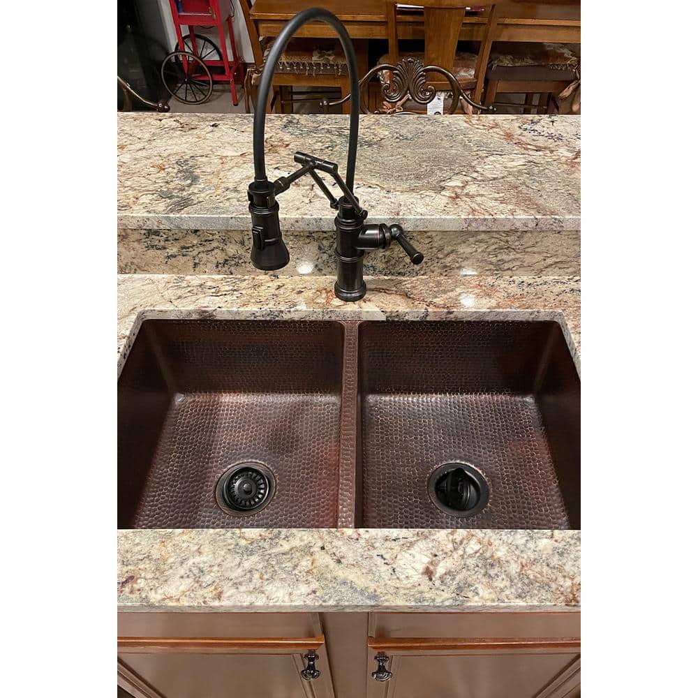 Premier Copper Products Undermount Hammered Copper 33 in. 0-Hole Double Bowl Kitchen Sink in Oil Rubbed Bronze -  K50DB33199