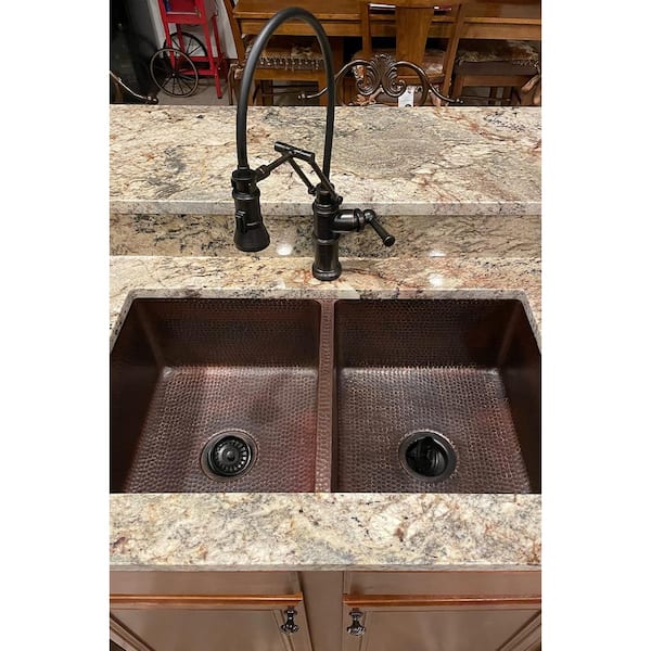 Premier Copper Products Undermount Hammered Copper 33 in. 0-Hole Double Bowl Kitchen Sink in Oil Rubbed Bronze