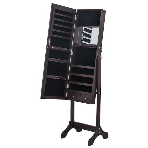 Winado Free Standing Brown Jewelry Armoire Storage Cabinet with Inner Mirror and 2-Drawers 60 in. H x 18.1 in. W x 15.8 in. D