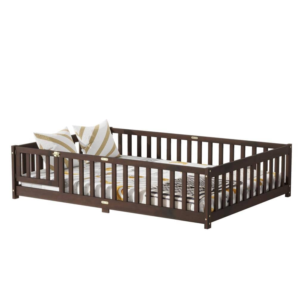 Espresso Rubber Wood Full Platform Bed with Safety Guardrails and Fence Door durable construction price history on PriceWatchPro