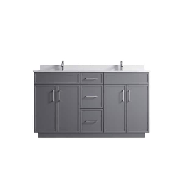 VSC 60in. W x 22in. D x 35in. H Double Sink Freestanding Bath Vanity in Gray with White Cultured Marble Top