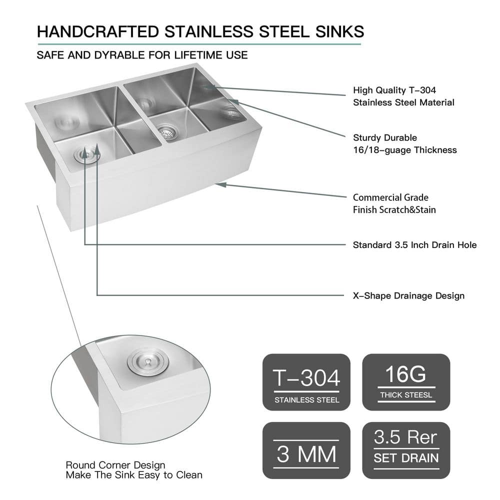 33'' Brushed Stainless Steel Double Bowl Farmhouse Kitchen Sink with Accessories