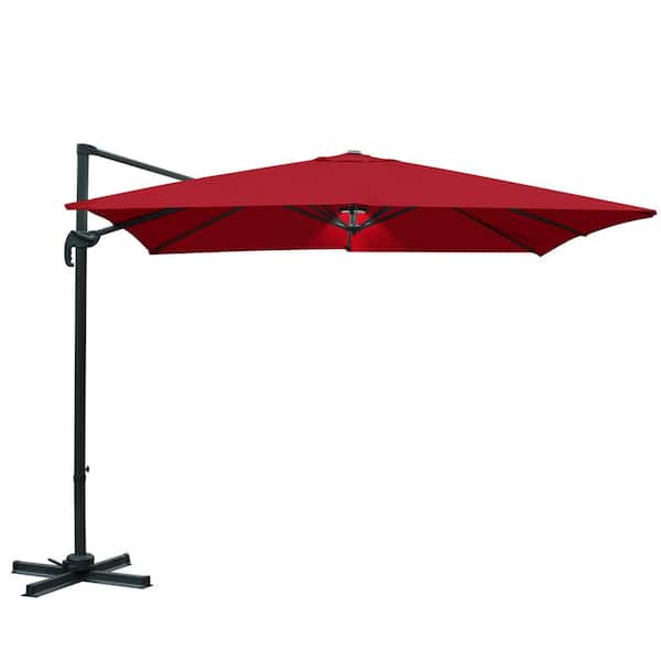 LAUREL CANYON 10 ft. x 10 ft. Aluminum Offset Cantilever Adjustable Vertical Tilt Square Patio Umbrella with LED Light in Red