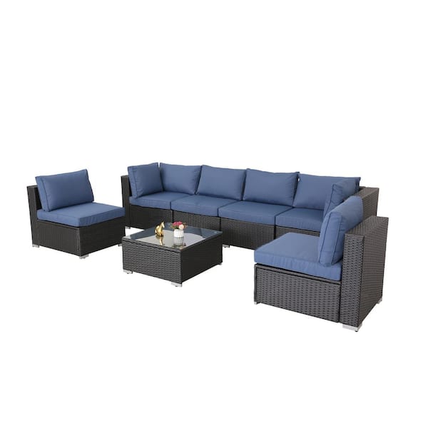 Unbranded Black 7-Piece Wicker Patio Conversation Set with Navy Cushions