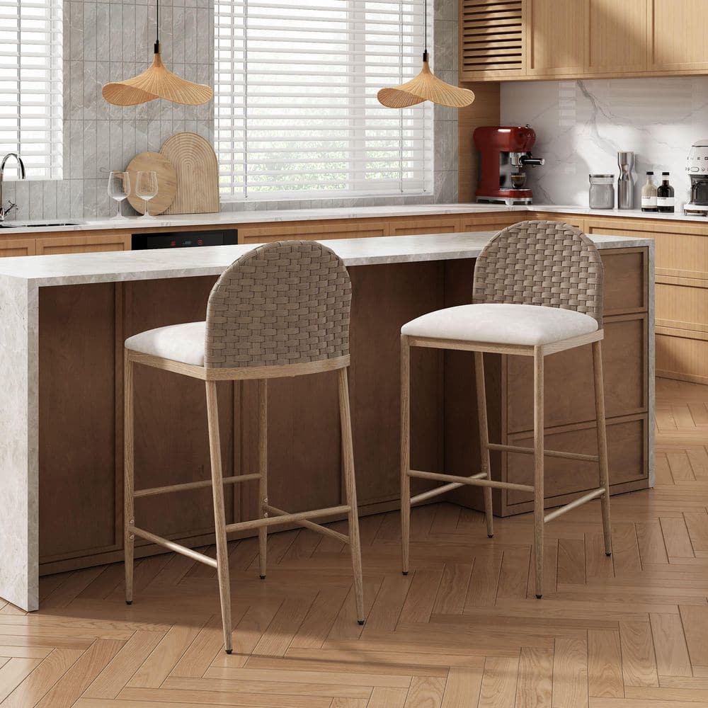 Corwyn Rustic 29.5 in. Polyester Upholstered Metal Frame Bar Stools with Rattan Woven Back, Beige + Brown, Set of 2 price history on PriceWatchPro