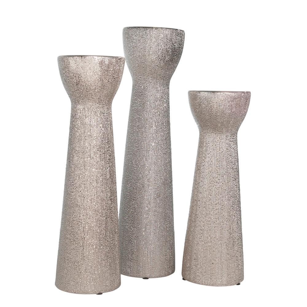 Silver Beaded Ceramic 12" Tabletop Candle Holder
