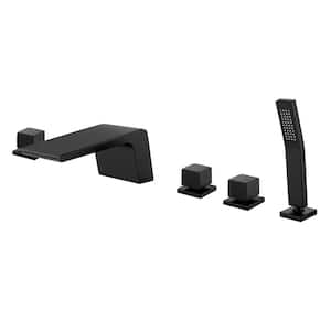 3-Handle Deck-Mount Roman Tub Faucet with Hand Shower, Waterfall Spout Bathtub Shower Faucet with 5 Hole in Matte Black