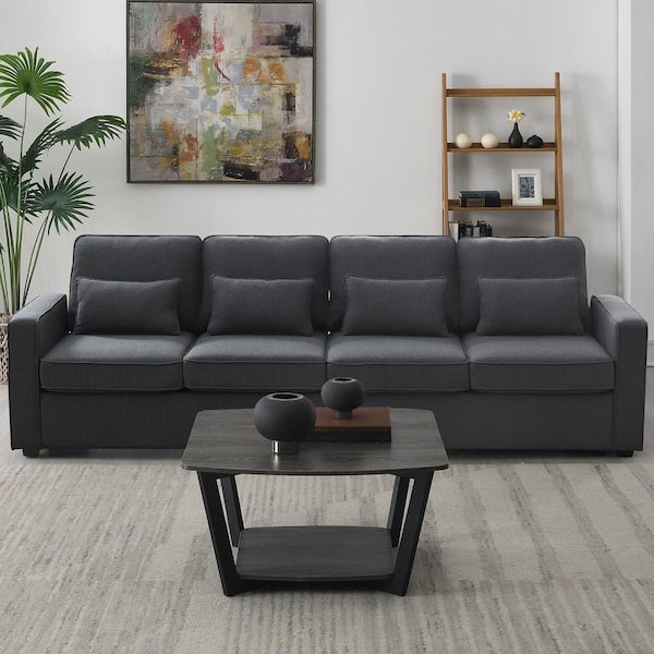 104.00 in. Polyester Rectangle Sectional Sofa in. Dark Gray with Armrest Pockets and 4 Pillows