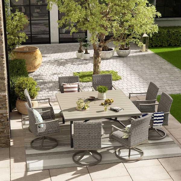 Allure 9-Piece Wicker Outdoor Dining Set, 8-Swivel Dining Chairs and Square Dining Table