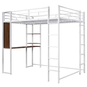 White Full Size Metal Loft Bed with 2-Shelves and 1-Desk -