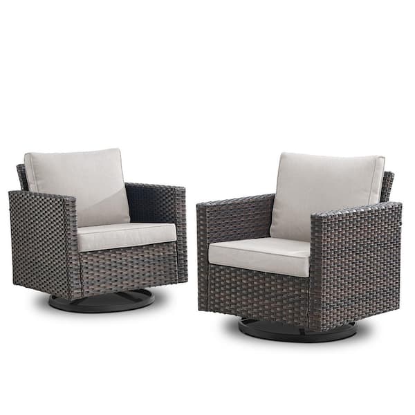 Brown Wicker Outdoor Rocking Chair, Patio Swivel Gliders with Beige Cushions for Porch or Balcony (2-Pack)