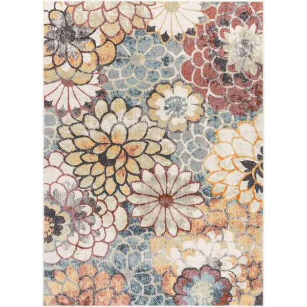 Well Woven Rodeo Lissa Bohemian Eclectic Floral Pattern Blue 6 ft. 7 in. x 9 ft. 6 in. Distressed Area Rug