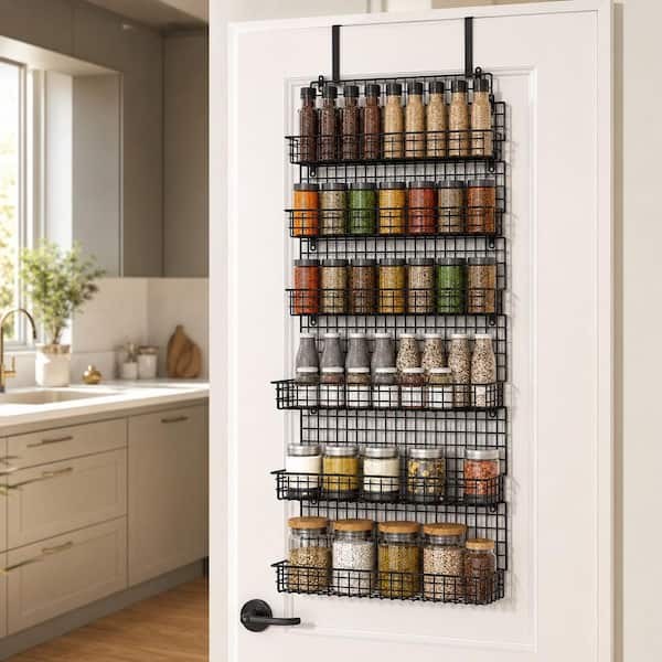 6-Tier Black Spice Rack Organizer with Door Hook, Wall Mounted Over the Door Spice Racks for Kitchen Pantry Cabinet