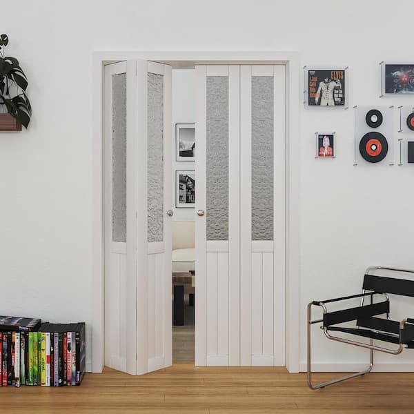 TENONER 48 in x 80 in (Double 24 in. Doors) White, MDF, Half Tempered Glass Panel Bi-Fold Interior Door with Hardware Kits