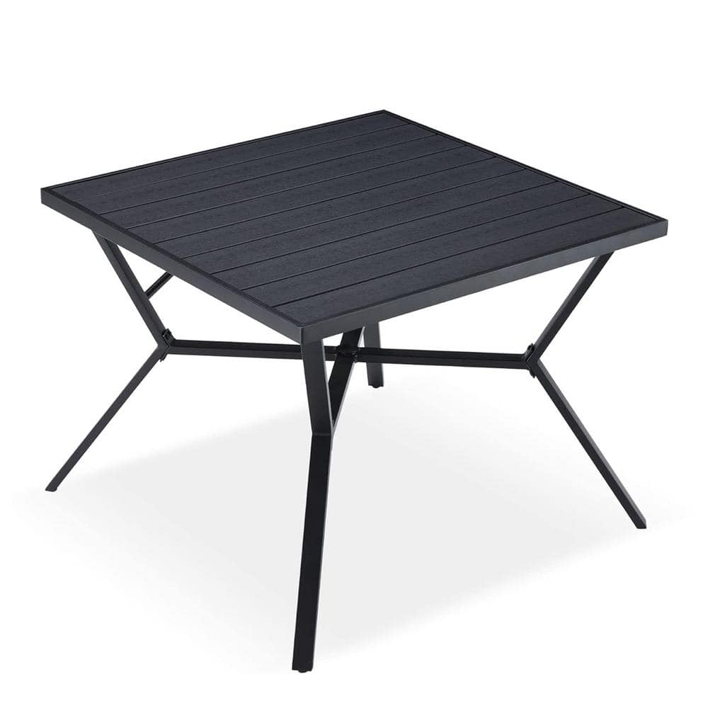Black Square Metal Outdoor Dining Table with Black Faux Woodgrain Tabletop 