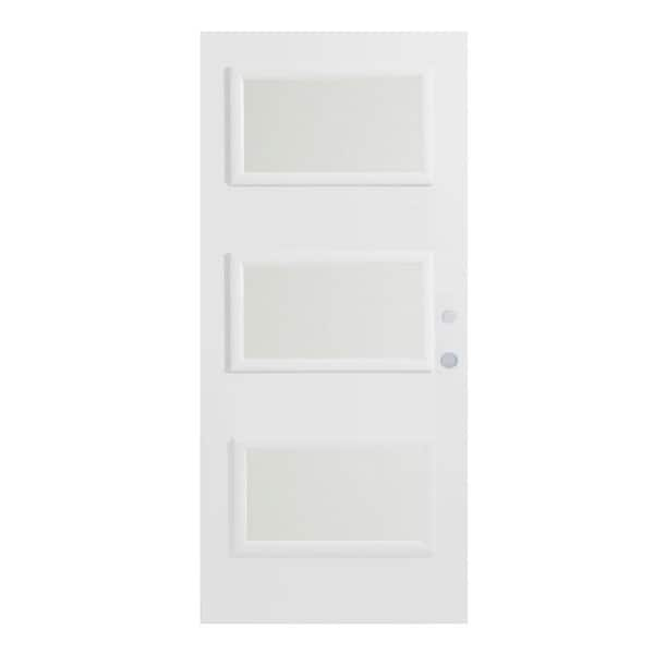 Stanley Doors 32 in. x 80 in. Dorothy Satin Opaque 3 Lite Painted White Left-Hand Inswing Steel Prehung Front Door