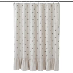 Embroidered Bee 72 in Creme Yellow Gray Ruffled Shower Curtain