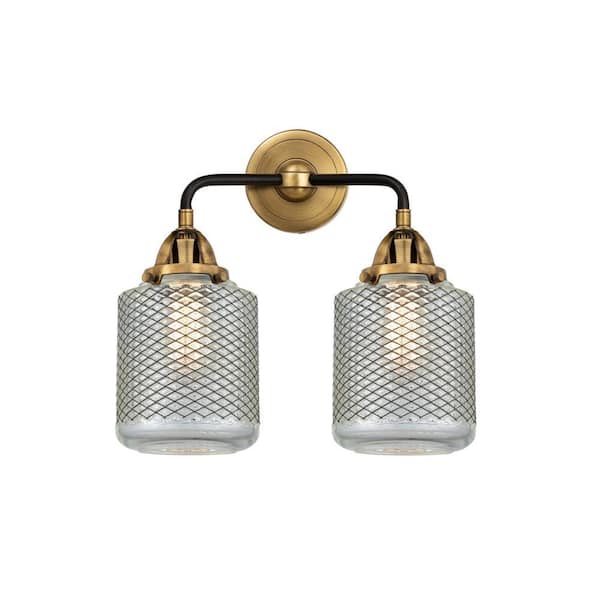 Stanton 14 in. 2 Light Black Antique Brass, Clear Wire Mesh Vanity Light with Clear Glass Shade