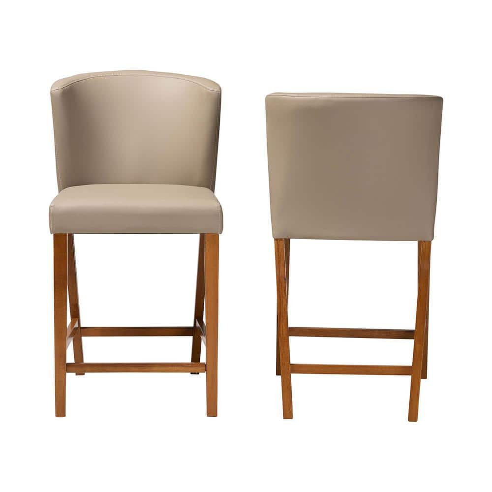 Mid-Century Modern Walnut Wood & Grey Faux Leather Pub Stools (Set of 2)