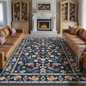 Blossom Navy Blue 9 ft. x 12 ft. Floral Washable Area Rug