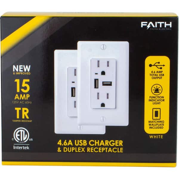 15 Amp Decorator Tamper-Resistant Duplex Receptacle and 4.6 Amp USB Outlet, Wall Plate Included, White (2-Pack)