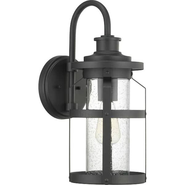 Haslett Collection 1-Light Textured Black Clear Seeded Glass Farmhouse Outdoor Medium Wall Lantern Light