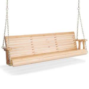 5 ft. 3-Person Natural Wood Porch Swing with Adjustable Chains and Treated PU-Painted Surface, Support Up to 880 lbs.