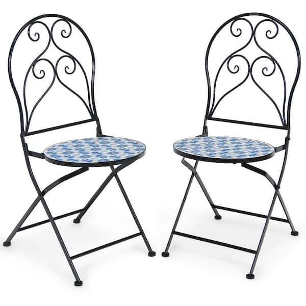 ANGELES HOME 2-Piece Folding Metal Mosaic Outdoor Bistro Dining Chairs with Floral Pattern in Blue