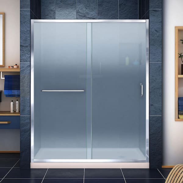DreamLine Infinity-Z 30 in. x 60 in. Semi-Frameless Sliding Shower Door in Chrome with Right Drain Shower Base in Biscuit