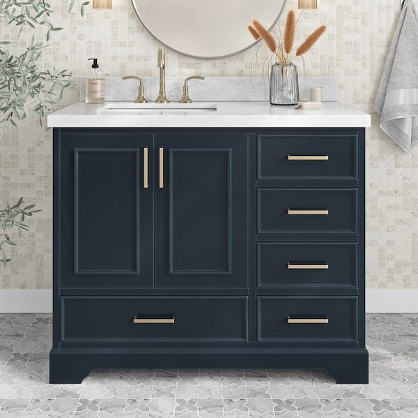 ARIEL Stafford 43 in. W x 22 in. D x 36 in. H Left Single Sink Bath Vanity in Midnight Blue with Carrara White Marble Top