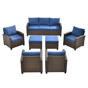 Solidago Brown 7-Piece Wicker Outdoor Patio Conversation Seating Set with Navy Blue Cushions