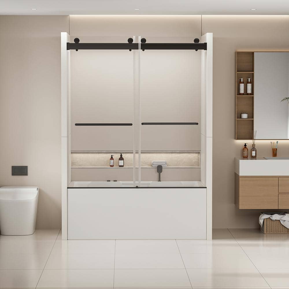 60 in. W x 62 in. H Frameless Double Sliding Tub Door in Matte Black with C